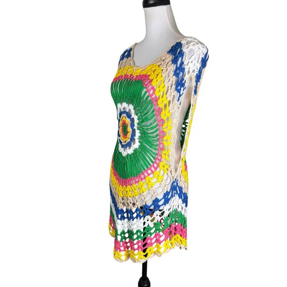 U-Style Bright Multicolor Sleeveless Open Crochet Relaxed Coverup Festival Top - Picture 4 of 10